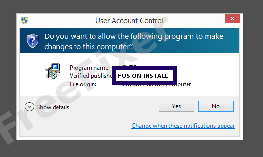 Screenshot where FUSION INSTALL appears as the verified publisher in the UAC dialog